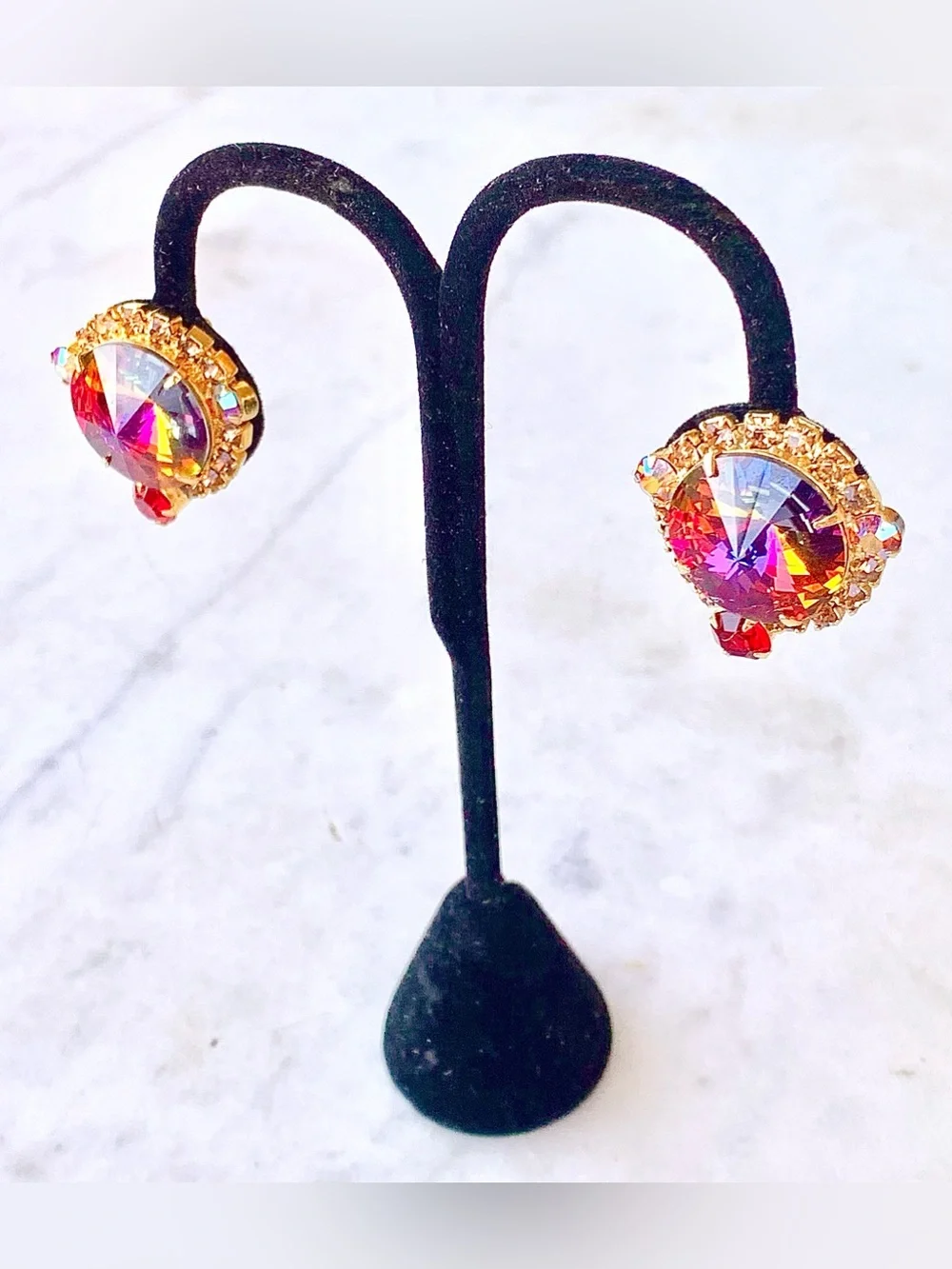 JULIANA D & L RIVOLI Gold Crystal Aurora Borealis CLIP ON EARRINGS VINTAGE 60’s